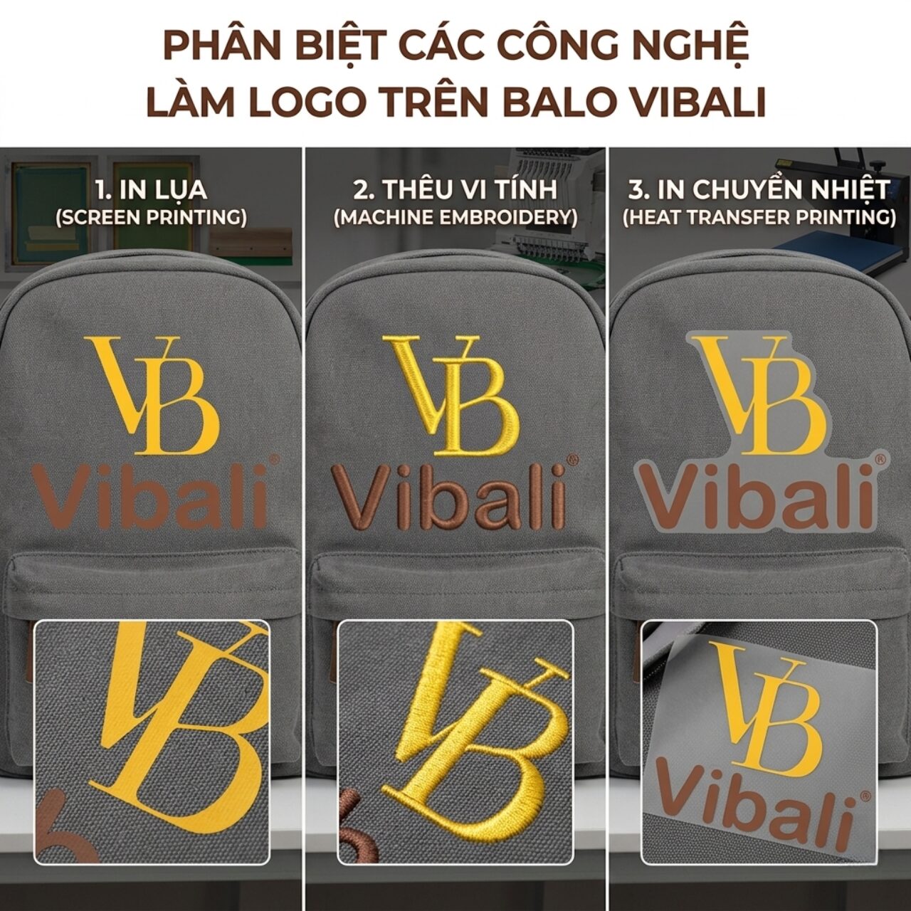 cac cong nghe lam logo tren balo tai Xuong may Vibali