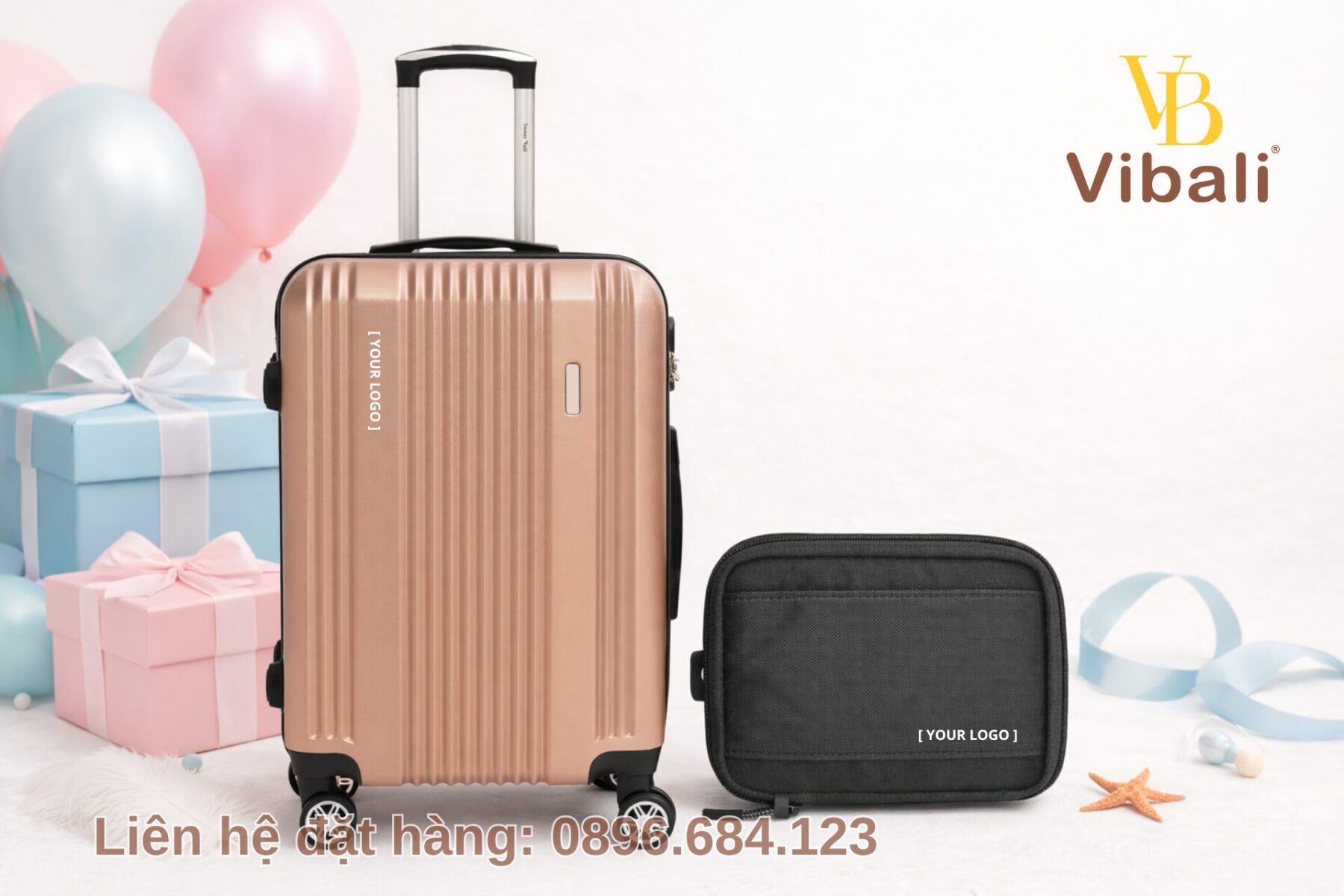 Combo quà tặng du lịch in thương hiệu làm quà tặng ngày 30/4 combo vali và túi đựng phụ kiện du lịch in logo làm quà tặng