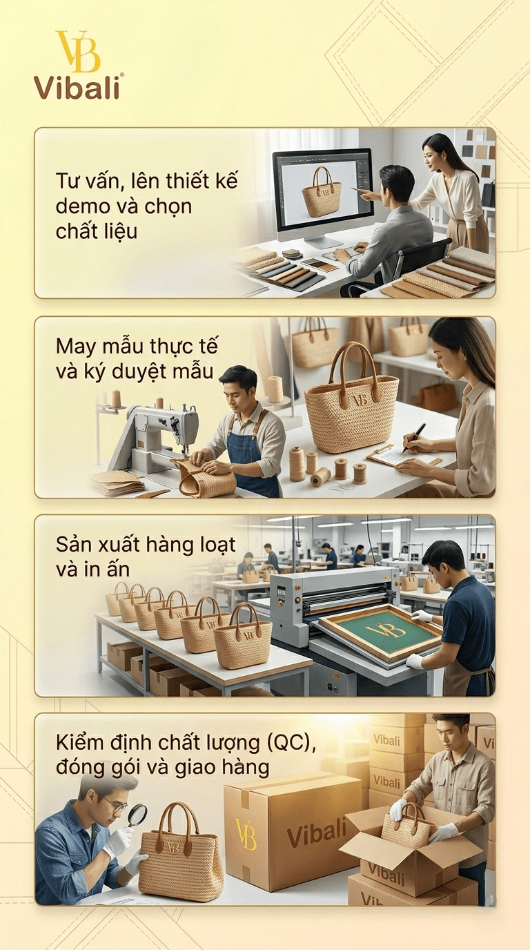 Quy trình sản xuất túi vải in theo yêu cầu làm quà tặng Hội nghị tại Vibali