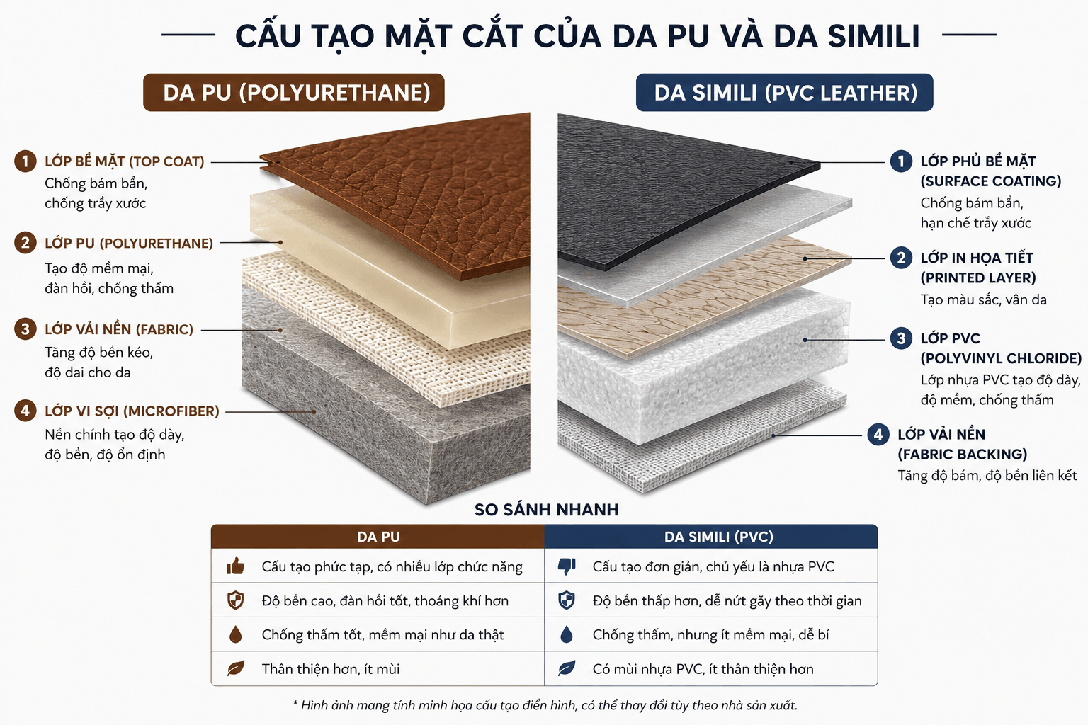 So sánh balo da PU và balo da Simili. Da giả PU có phải là da Simili không? Hình so sánh Cấu tạo mặt cắt của da PU và da Simili