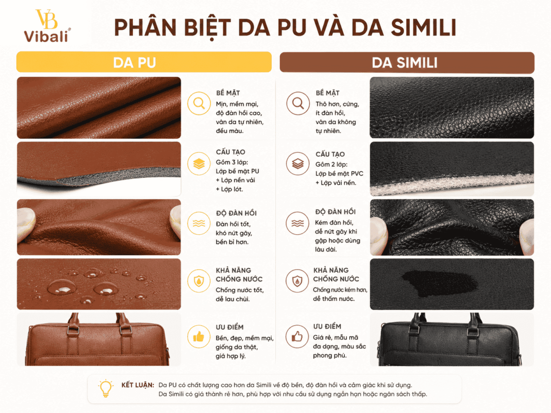 So sánh balo da PU và balo da Simili. Da giả PU có phải là da Simili không? Bảng phân biệt tính chất giữa balo da PU và da Simili