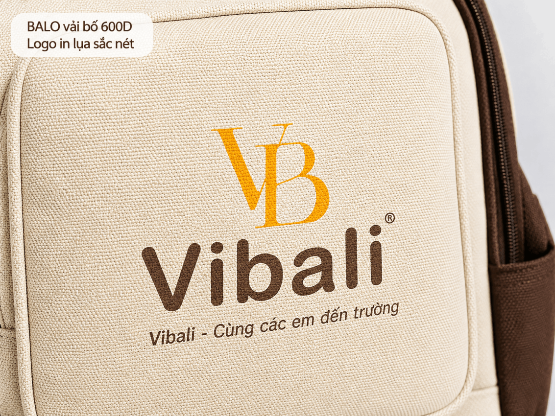Đặt may balo học sinh từ thiện giá tốt tại Vibali Balo làm từ chất liệu vải bố 600D chống nước và công nghệ in lụa sắc nét