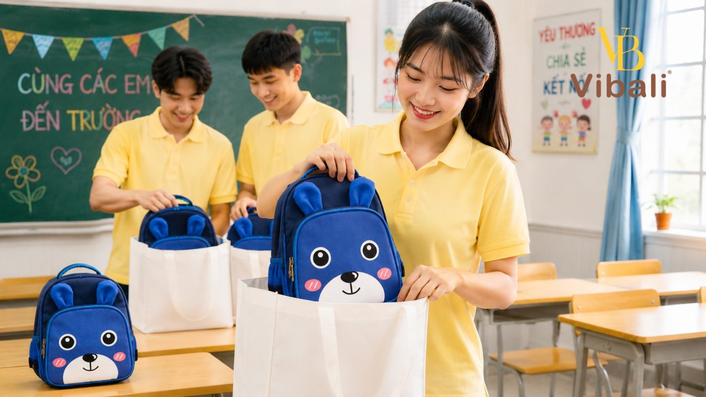 Đặt may balo học sinh từ thiện giá tốt tại Vibali Chuan bi va trao tang balo hoc sinh tu thien cho tre em vung cao