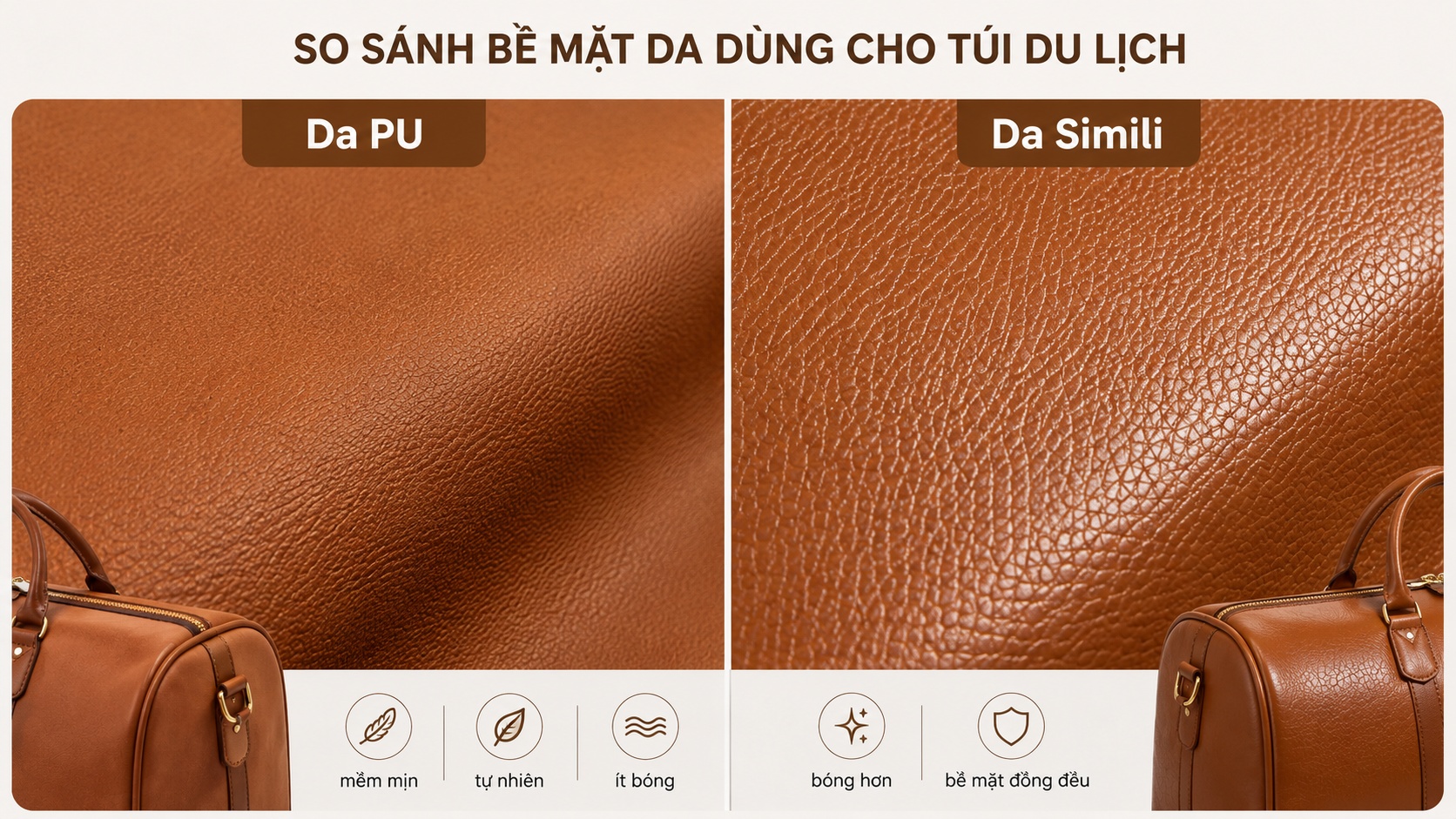 So sánh bề mặt chất liệu da PU và da Simili dùng may túi du lịch
