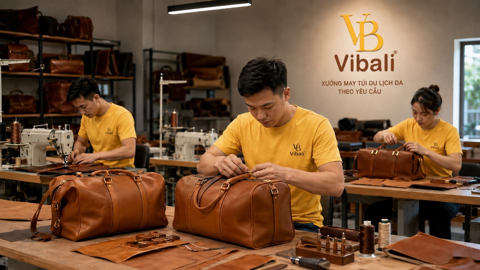 Vibali Xưởng may túi du lịch da theo yêu cầu đang gia công sản phẩm