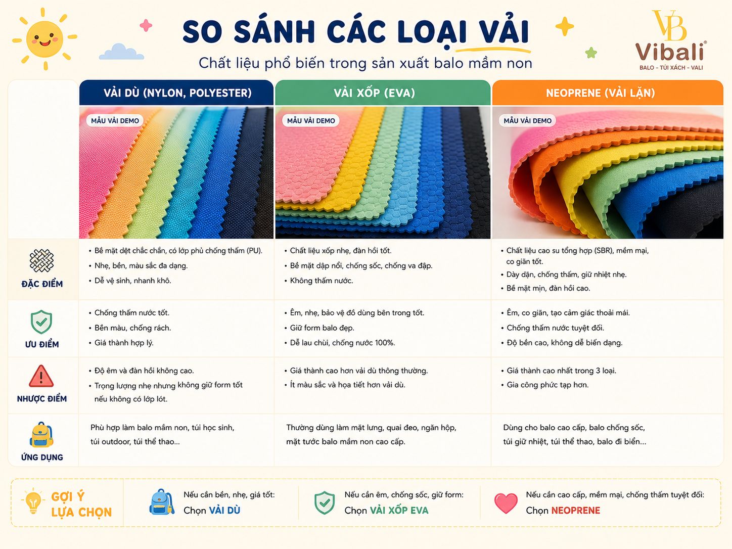 so sanh nhanh cac loai vai dung trong san xuat balo mam non