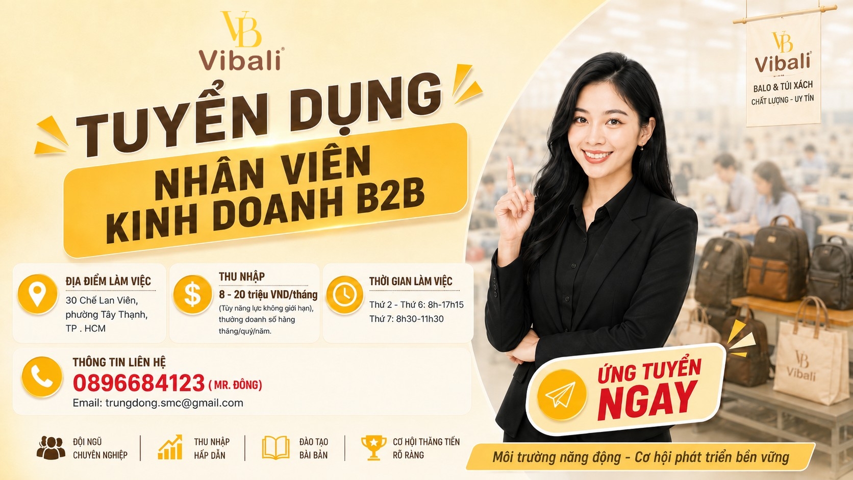 Nhân viên kinh doanh B2B (mảng balo - túi xách) Xưởng may Vibali tuyển dụng Nhân viên kinh doanh B2B (mảng balo - túi xách)