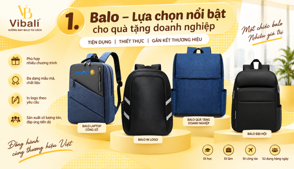 May balo túi xách theo yêu cầu – sản phẩm phù hợp cho hội nghị, hội thảo và các sự kiện doanh nghiệp trang trọng.