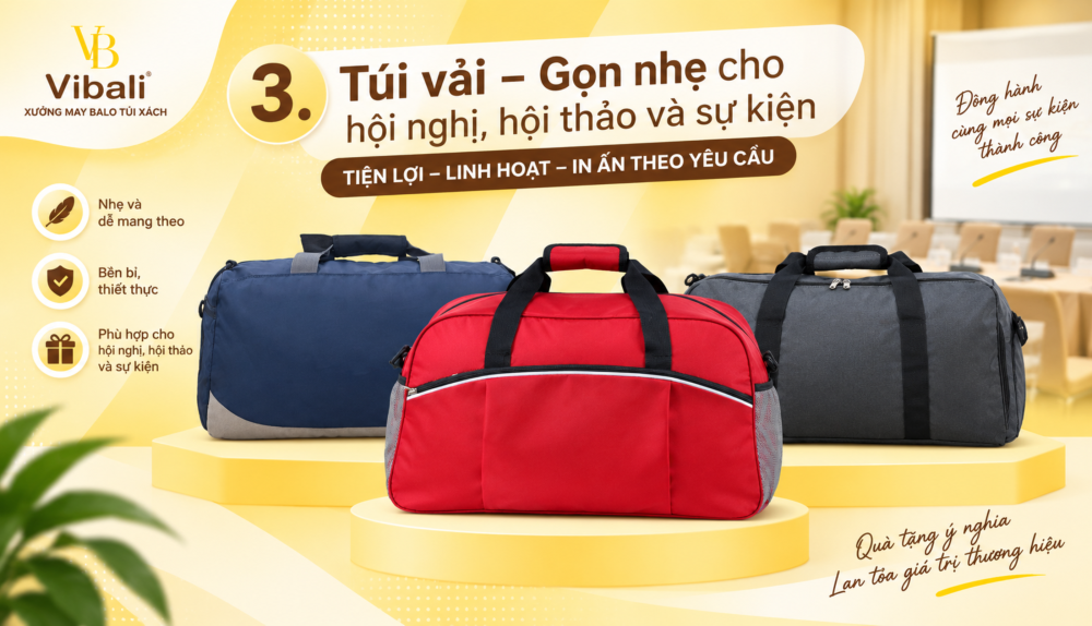 May balo túi xách và túi vải theo yêu cầu – gọn nhẹ, tiện dụng cho hội nghị, hội thảo và sự kiện.