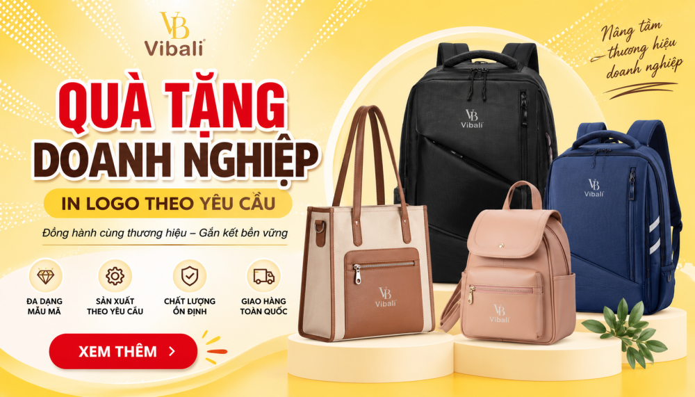 Bộ quà tặng doanh nghiệp in logo gồm balo, túi xách và cặp theo yêu cầu tại Vibali