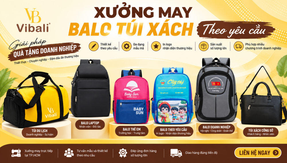Xưởng May Balo Túi Xách Vibali – Quà Tặng Doanh Nghiệp Theo Yêu Cầu Xưởng may balo túi xách Vibali – đa dạng mẫu balo, túi xách theo yêu cầu, in logo theo nhận diện thương hiệu, phù hợp cho doanh nghiệp đặt quà tặng số lượng lớn.