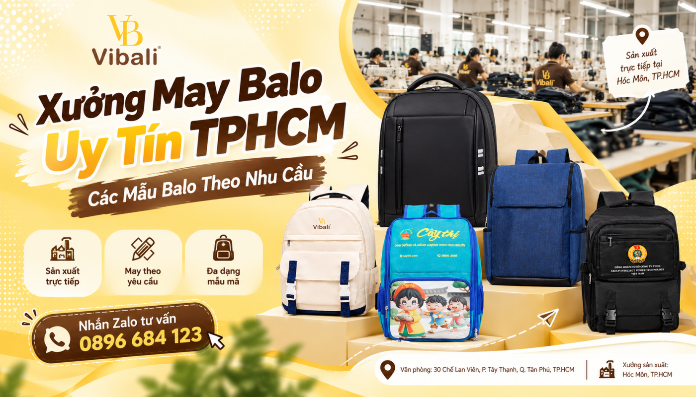 Xưởng May Balo Uy Tín TPHCM – Các Mẫu Balo Theo Nhu Cầu Xưởng may balo uy tín TPHCM – Vibali sản xuất balo theo yêu cầu, đa dạng mẫu mã cho doanh nghiệp, trường học và tổ chức.